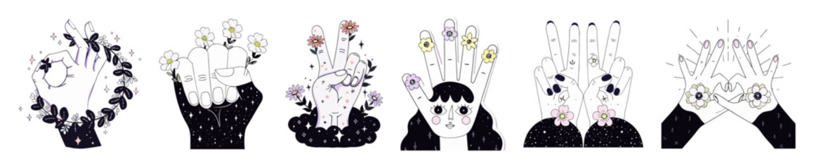 A collection of six surreal illustrations featuring hands and heads intertwined with floral and leaf elements. The artwork employs a whimsical, graphic style with a limited color scheme.