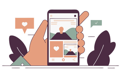A hand holds a smartphone displaying a social media feed with images, likes, and notifications. The illustration highlights online content consumption and social interaction