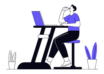 A minimalist illustration depicts a person sitting at a desk with a laptop, taking a drink. The scene suggests remote work or online learning with a focus on hydration.