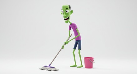 Cartoon character cleaning floor with mop and bucket, house cleaning service, home chores, green skin man