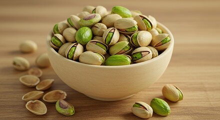 Delicious pistachios in a bowl for healthy snack and eating, tasty nuts, nutritious food, and snack time