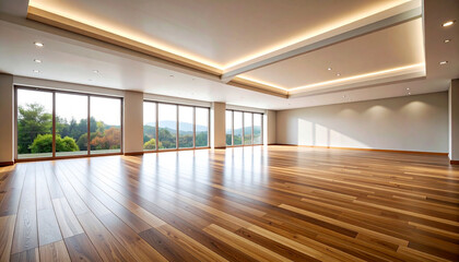empty open space room in warm brown color tone with polished parquet floor and light in ceiling