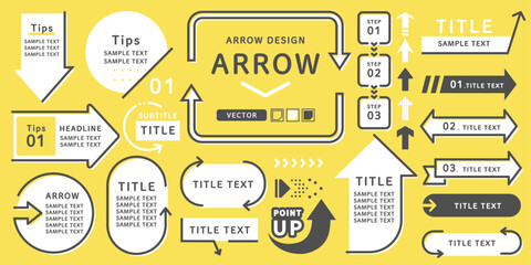 黄色背景の矢印ベクターセット／装飾フレームと説明用デザインパーツ