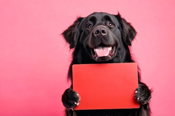 Obraz premium Isolated canine on a solid outfit pink background. Dog ad for product. Wild friend with sign. Mockup pose in studio. Ð¡ute dog newfoundland hold in front paws a wireframe - large red avenue si.
