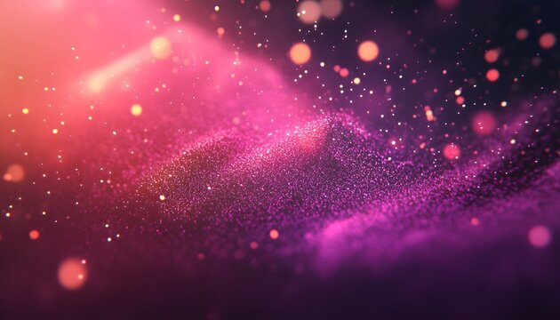 Abstract design featuring vibrant pink and purple particles.