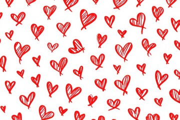 Pattern of various sizes of red hand-drawn hearts scattered on a white background evoking warmth and love