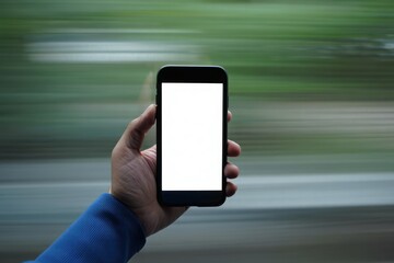 Hand holding smartphone with blank white screen against blurred green and gray background conveying motion or speed