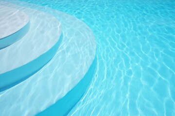 Curved white steps leading into clear blue water with light reflections creating a calm and refreshing atmosphere