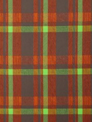 Close-up view of fabric with orange, brown, and green plaid pattern in a woven texture