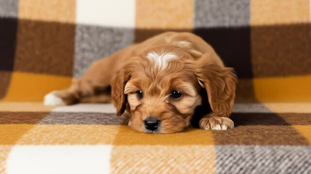 Tired cavapoo rests on a checkered blanket, creating a cozy scene with a close-up perspective and a focus on pet care.