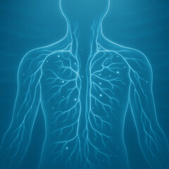 Image depicts digital illustration of human nervous system, highlighting network of nerves within upper body, including chest