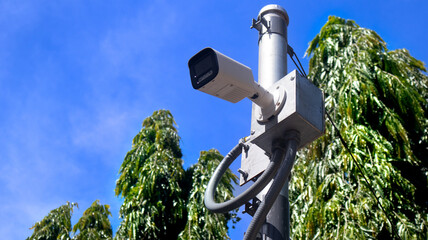 CCTV cameras on a metal box for outdoor installation. Attached to the steel pole structure....