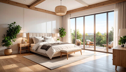 sunny bedroom in brown nature and wooden concept with balcony and large windows