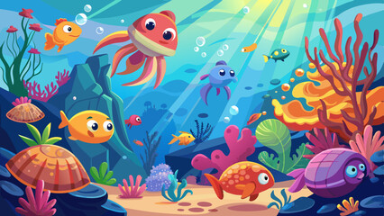 Obraz premium Vibrant underwater scene with cartoon fish and coral