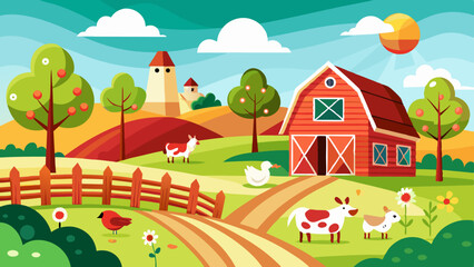 Idyllic farm scene with barn animals and trees