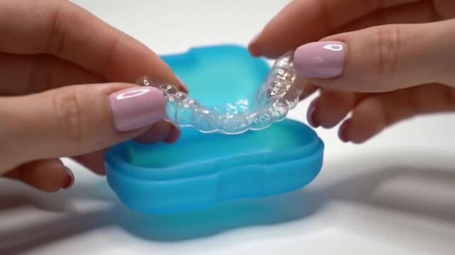 Clear Aligner Held Above Blue Case in Studio Setting with White Background For Orthodontic Treatment