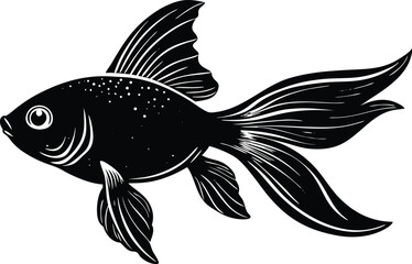 Elegant Black Fish Silhouette Vector, Artistic Aquatic Animal Illustration with Flowing Fins