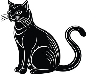 Elegant Sitting Cat Silhouette Vector with Whiskers and Curled Tail