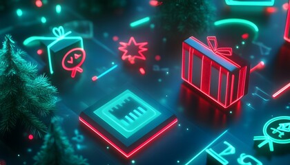 Neon gift and christmas tree icons on a digital interface.