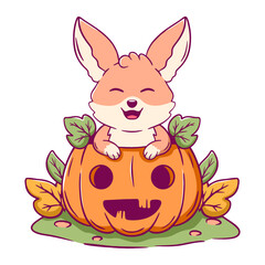 Cartoon fox is sitting inside a pumpkin. The pumpkin is orange and has a hole in the middle