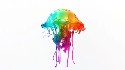 Fototapeta premium Chromatic Alchemy: 3D Rendered Abstract Paint Splatter Art – Concise Rainbow Hues Forming Concrete-Abstract Eye Masks, Jellyfish, and More, Isolated on White Background. Witness a mesmerizing fusion o