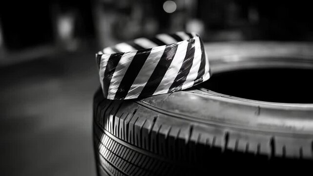 Monochrome image featuring tire with a striped tape on top. Conceptual photography with abstract automotive safety or caution.