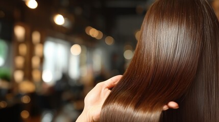 ヘアサロンで艶々の髪を見せる手