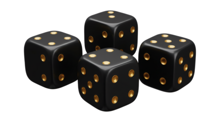 Four black dice with gold dots isolated on transparent background
