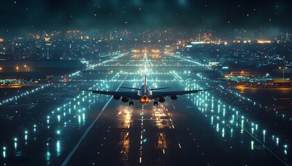 Fototapeta premium Airplane landing at night over a city.