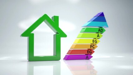 Energy Efficiency Concept Green House Outline with a Colorful Ascending Chart on White Background - Powered by Adobe