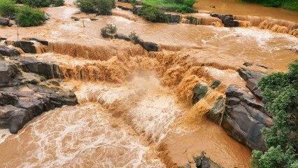 Aerial drone view of floodwaters surging through rocky landscapes, demonstrating the effects of climate change and global warming on natural disaster magnitude. Thailand.
