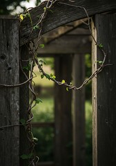 Close-up of twisted vine creeping over old wooden arch