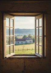 View from inside rustic rural home through open wooden window
