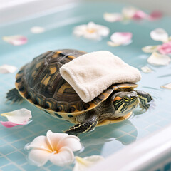 A turtle with a towel on its head in a bathtub