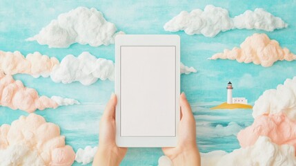 Hands Holding Tablet Against Artistic Sky and Lighthouse Background
