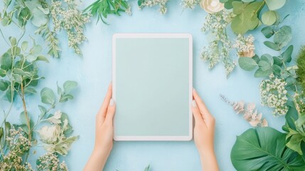 Hands Holding Blank Tablet Surrounded by Greenery and Plants