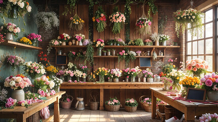 Flower Shop Interior with Bouquets on Shelves