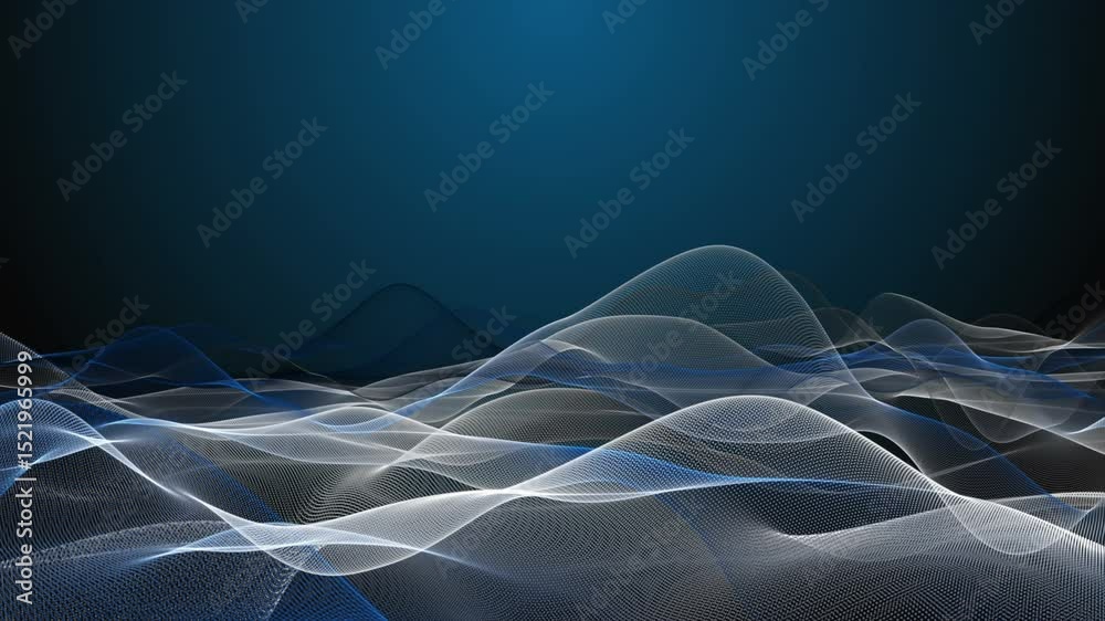 Poster futuristic video animation with particle wave object in slow motion and space for text, 4096x2304 lo