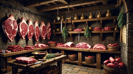 Interior view of a medieval butcher shop