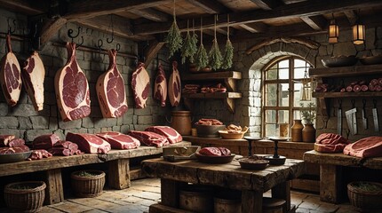Interior view of a medieval butcher shop