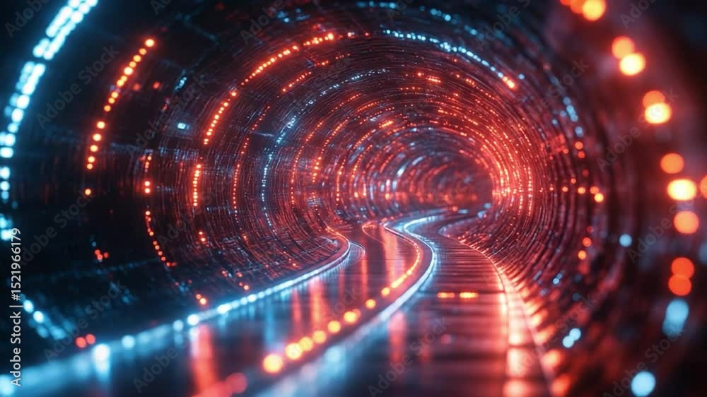 Poster Illuminated Tunnel of Data: A mesmerizing, immersive experience through a futuristic tunnel, illuminated by vibrant red and blue lights.