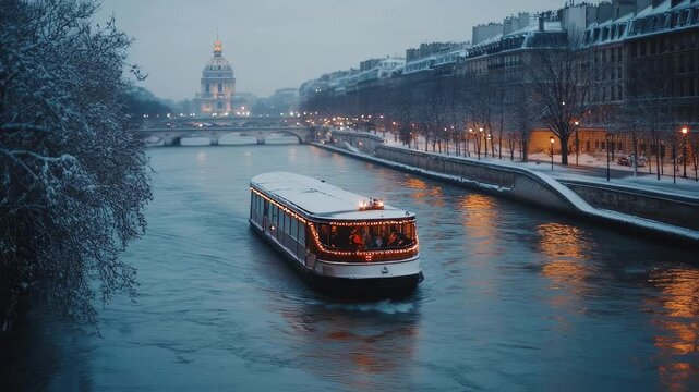 Scenic Seine River cruise boat ride in Paris during snow dusted winter