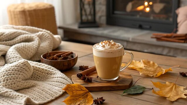 Pumpkin spice latte with blanket and fireplace in background cozy