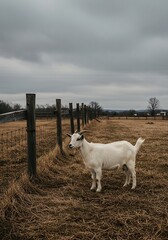 Obraz premium Goat standing on dry grass beside a rustic wooden fence