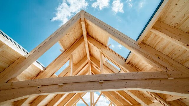 Construction detail of the wooden roof frame of a house with a blue sky view