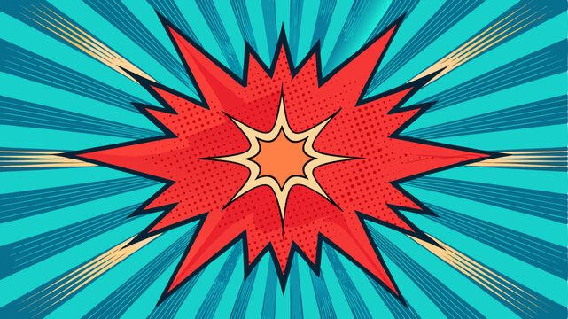 A dynamic comic book-style explosion graphic with a red starburst and orange center,
set against a radiating blue background with halftone dots.