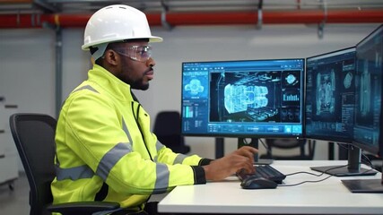 Man Wearing White Hardhat Working with Dual Monitors in Industrial Setting with Blue Technical Data