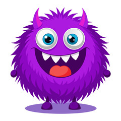 Naklejka premium A cute, fluffy, purple cartoon monster with big blue eyes, prominent horns, a wide open mouth showing a large smile and sharp teeth, standing on a white background with a subtle shadow.
