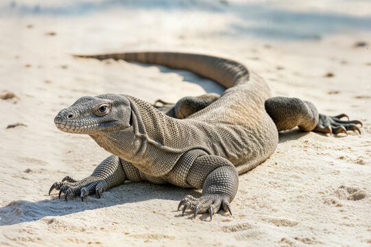large komodo dragon resting on sandy ground beach desert environment gran drag&oacute;n de komodo descansando en suelo arenoso playa ambiente des&eacute;rtico grand dragon de komodo se reposant komodo ejderi