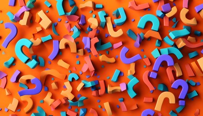 Colorful question marks scattered on an orange background.